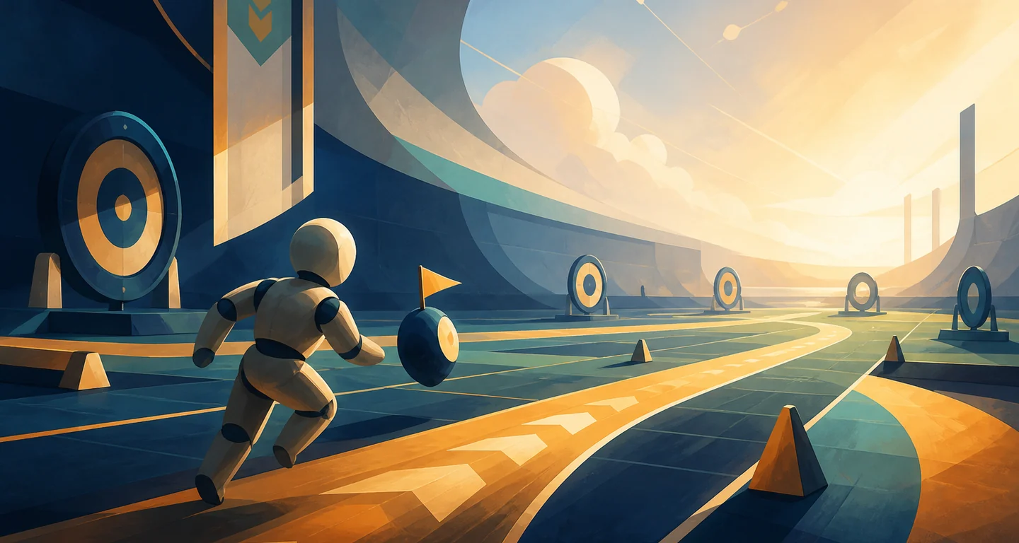 Original editorial illustration of an anonymous trainee moving through an abstract practice arena