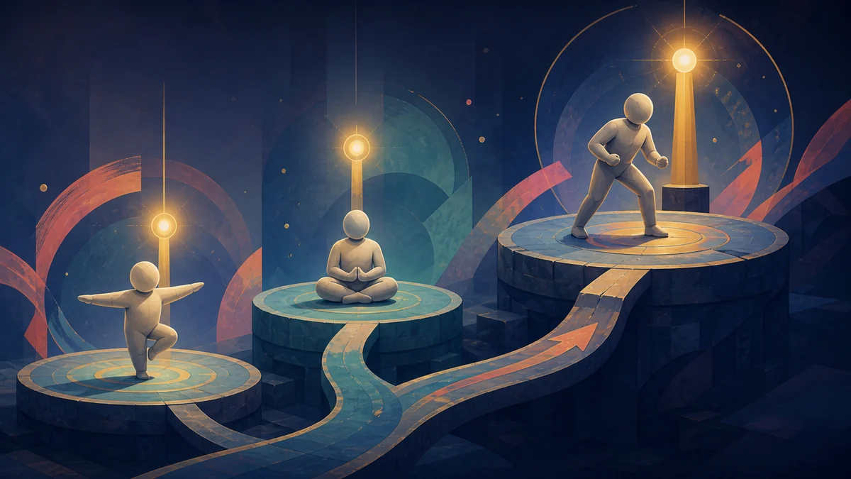 Original editorial illustration of an anonymous trainee advancing through abstract practice stages